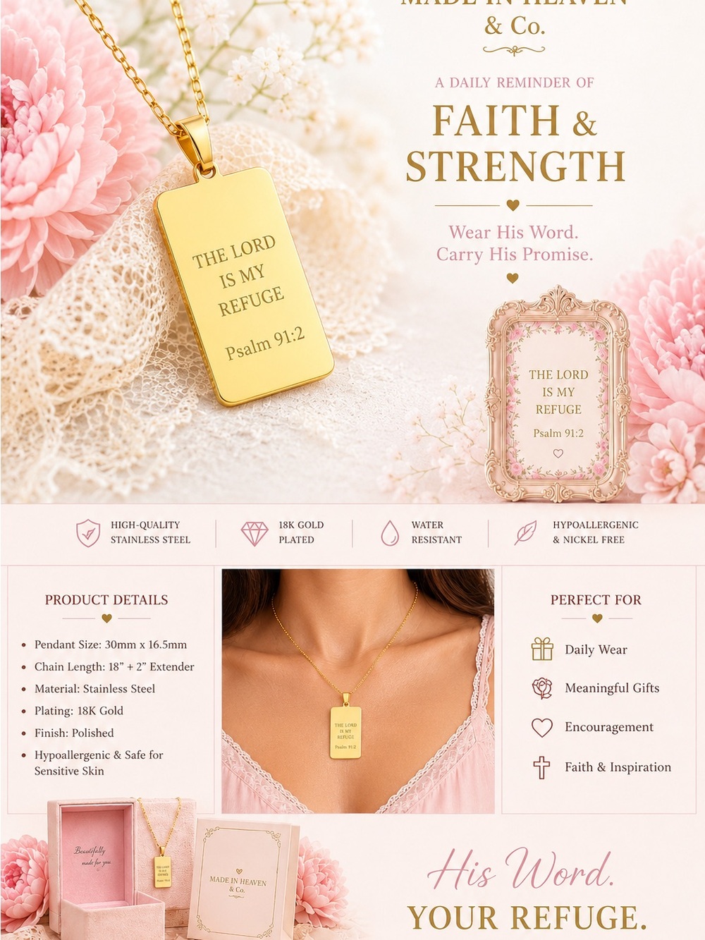 Psalm 91:2 Rectangular Pendant Necklace 18K GOLD PLATED